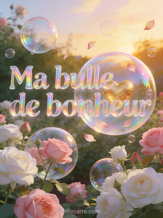 Bulles de savon irisées géantes flottant dans un jardin de roses anglaises avec un cœur doré reflété dans la plus grande bulle au soleil couchant avec le texte Ma bulle de bonheur
