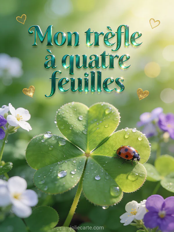 Trèfle à quatre feuilles vert brillant avec des gouttelettes de rosée une coccinelle et des fleurs de trèfle avec des cœurs dorés et le texte Mon trèfle à quatre feuilles