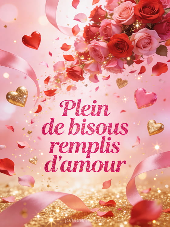 Avalanche de pétales de roses et dizaines de cœurs rouges dorés et roses volant avec des rubans de soie et des particules dorées et le texte Plein de bisous remplis d'amour
