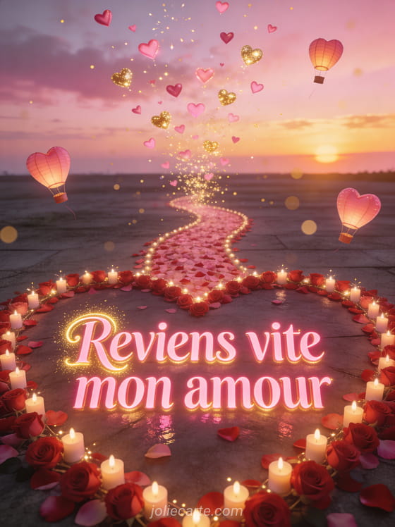 Chemin de pétales de roses en cœur géant bordé de bougies avec petits cœurs lumineux s'élevant dans le ciel et lanternes cœurs et le texte Reviens vite mon amour