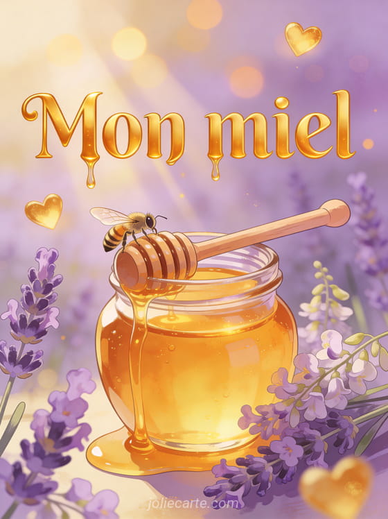 Pot de miel artisanal doré avec une cuillère à miel entouré de fleurs de lavande et d'acacia avec une abeille et des cœurs dorés avec le texte Mon miel