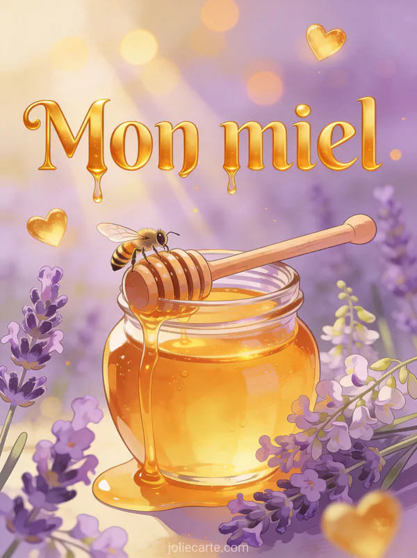 Pot de miel artisanal doré avec une cuillère à miel entouré de fleurs de lavande et d'acacia avec une abeille et des cœurs dorés avec le texte Mon miel