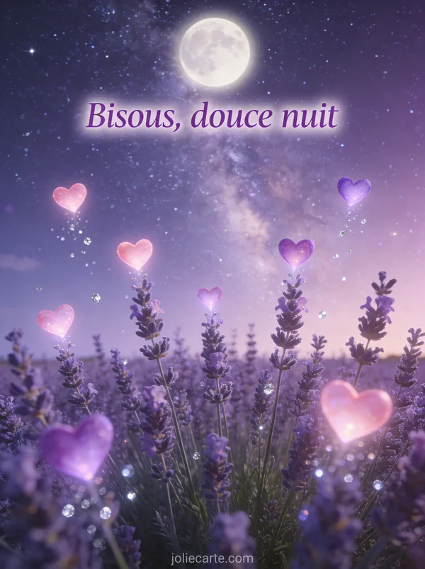 Champ de lavande sous un ciel étoilé violet avec des cœurs lumineux s'élevant comme des lucioles et la voie lactée et le texte Bisous douce nuit