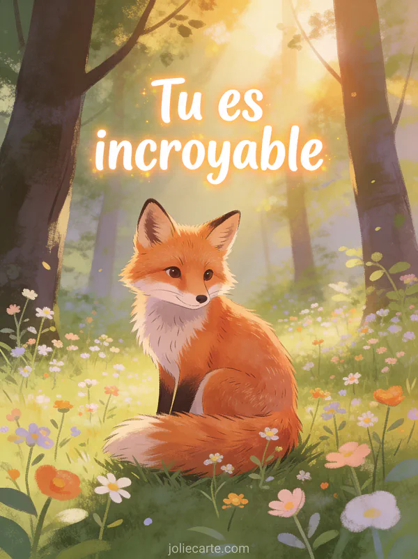 Adorable renard roux dans une clairière fleurie baignée de lumière dorée avec le texte Tu es incroyable
