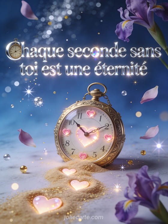 Horloge ancienne dorée dont les aiguilles forment un cœur avec chiffres cœurs roses lumineux et pétales d'iris violets et étincelles et le texte Chaque seconde sans toi