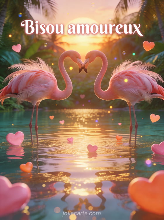 Deux flamants roses formant un cœur dans une lagune tropicale au coucher du soleil avec des cœurs flottants et des reflets dorés et le texte Bisou amoureux