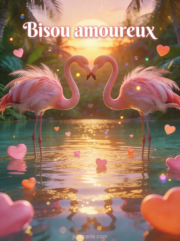 Deux flamants roses formant un cœur dans une lagune tropicale au coucher du soleil avec des cœurs flottants et des reflets dorés et le texte Bisou amoureux