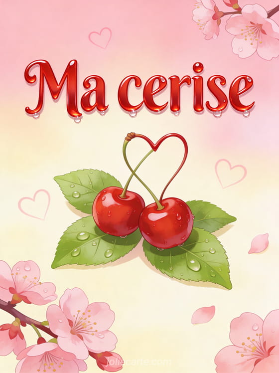 Paire de cerises rouges brillantes formant un cœur avec des fleurs de cerisier roses et des gouttes de rosée sur fond rose et crème avec le texte Ma cerise