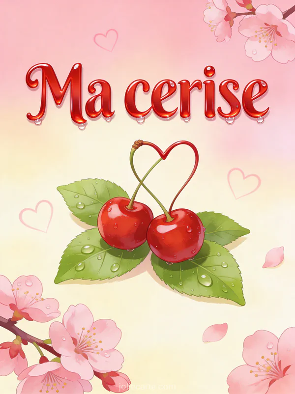 Paire de cerises rouges brillantes formant un cœur avec des fleurs de cerisier roses et des gouttes de rosée sur fond rose et crème avec le texte Ma cerise
