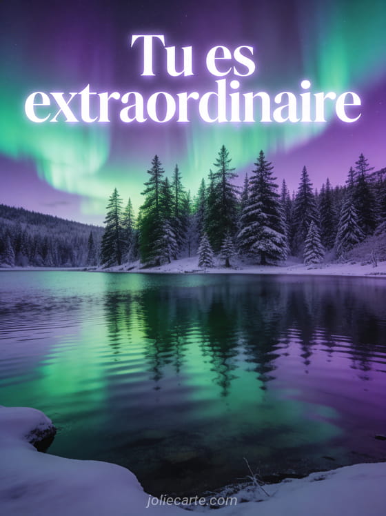 Aurore boréale violette et verte se reflétant sur un lac calme entouré de sapins avec le texte Tu es extraordinaire