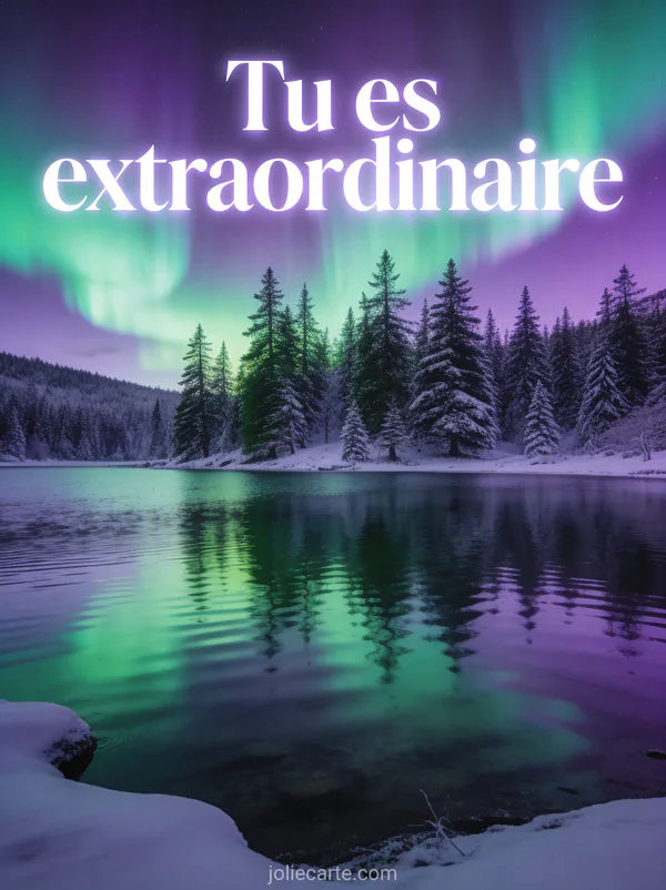 Aurore boréale violette et verte se reflétant sur un lac calme entouré de sapins avec le texte Tu es extraordinaire