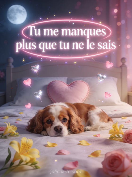 Chien cavalier king charles au regard tendre sur un lit avec oreiller cœur entouré de petits cœurs lumineux et pétales de freesia et le texte Tu me manques