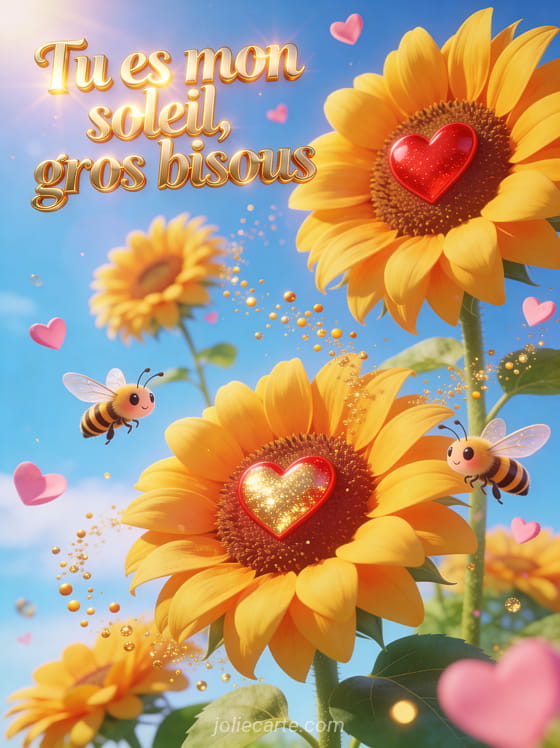 Tournesols géants avec des cœurs au centre et des abeilles mignonnes avec des particules dorées et des cœurs flottants et le texte Tu es mon soleil gros bisous