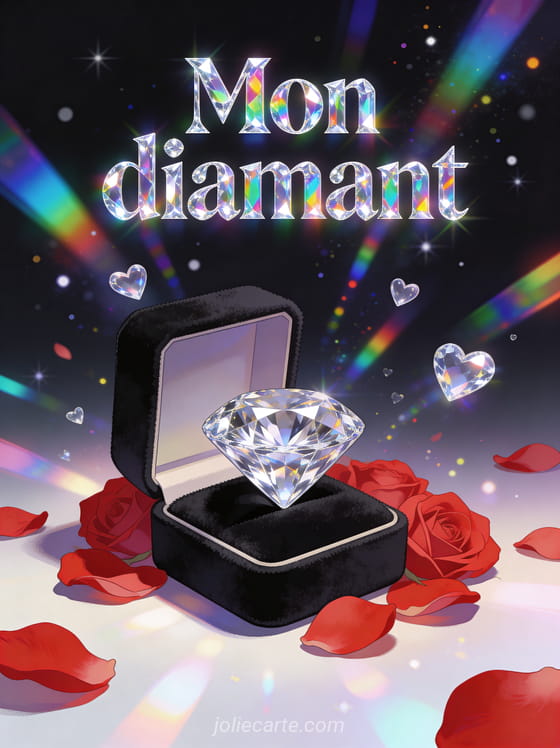 Diamant taillé brillant de mille feux sur un écrin de velours noir entouré de pétales de roses rouges avec des éclats prismatiques et des cœurs cristallins avec le texte Mon diamant