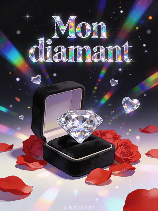 Diamant taillé brillant de mille feux sur un écrin de velours noir entouré de pétales de roses rouges avec des éclats prismatiques et des cœurs cristallins avec le texte Mon diamant
