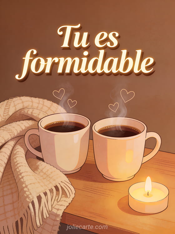 Deux tasses de café fumantes côte à côte sur une table en bois avec un plaid et des cœurs de vapeur, texte Tu es formidable