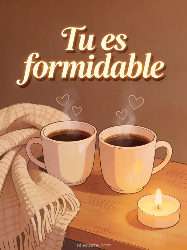 Deux tasses de café fumantes côte à côte sur une table en bois avec un plaid et des cœurs de vapeur, texte Tu es formidable