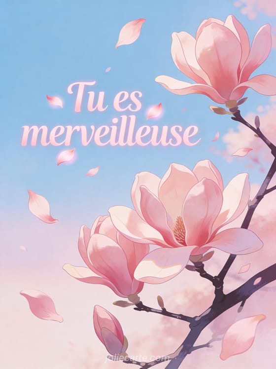 Magnolias roses en pleine floraison avec pétales tombant dans la brise et ciel bleu pastel, texte Tu es merveilleuse