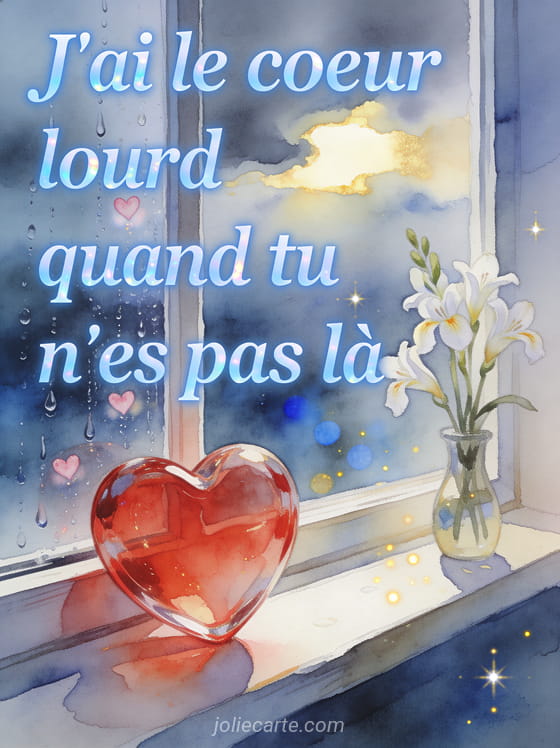 Cœur en verre soufflé sur rebord de fenêtre avec gouttes de pluie reflétant des cœurs roses et freesias blancs et lumière tamisée et le texte Cœur lourd sans toi
