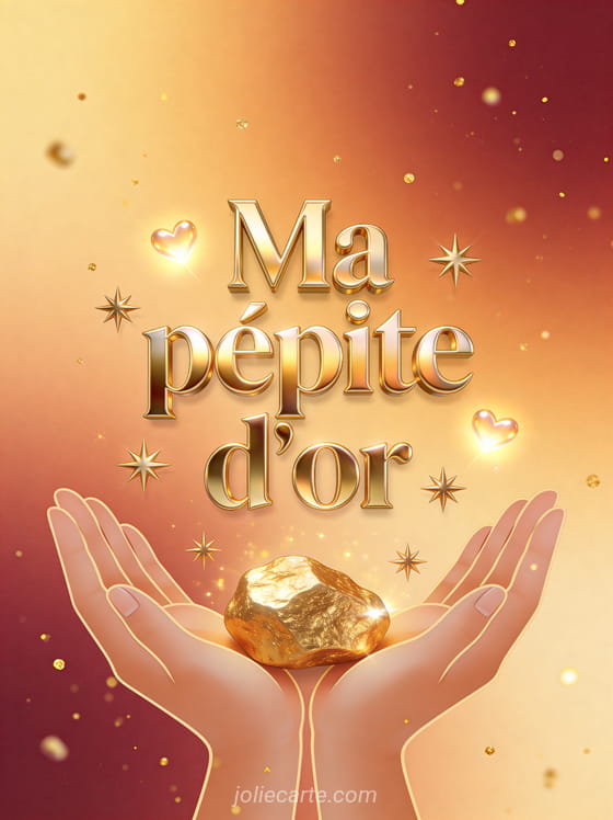 Pépite d'or brillante dans deux mains ouvertes stylisées entourée d'étoiles dorées et de cœurs lumineux sur fond ambre et bordeaux avec le texte Ma pépite d'or