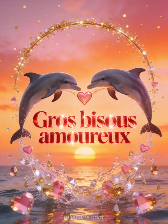 Deux dauphins sautant en arc formant un cœur au-dessus de l'eau au coucher du soleil avec des cœurs dorés dans les gouttelettes et le texte Gros bisous amoureux