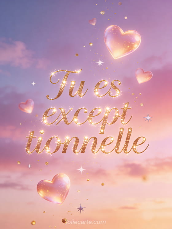 Cœurs lumineux flottant dans un ciel crépusculaire rose et violet avec particules dorées et le texte Tu es exceptionnelle