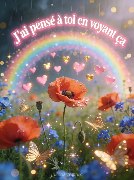 Arc-en-ciel scintillant au-dessus d'un pré de coquelicots et bleuets avec petits cœurs lumineux au pied de l'arc-en-ciel et papillons dorés et le texte J'ai pensé à toi
