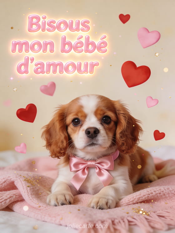Chiot cavalier king charles au regard tendre sur un plaid rose avec un nœud en satin et des cœurs flottants et le texte Bisous mon bébé d'amour
