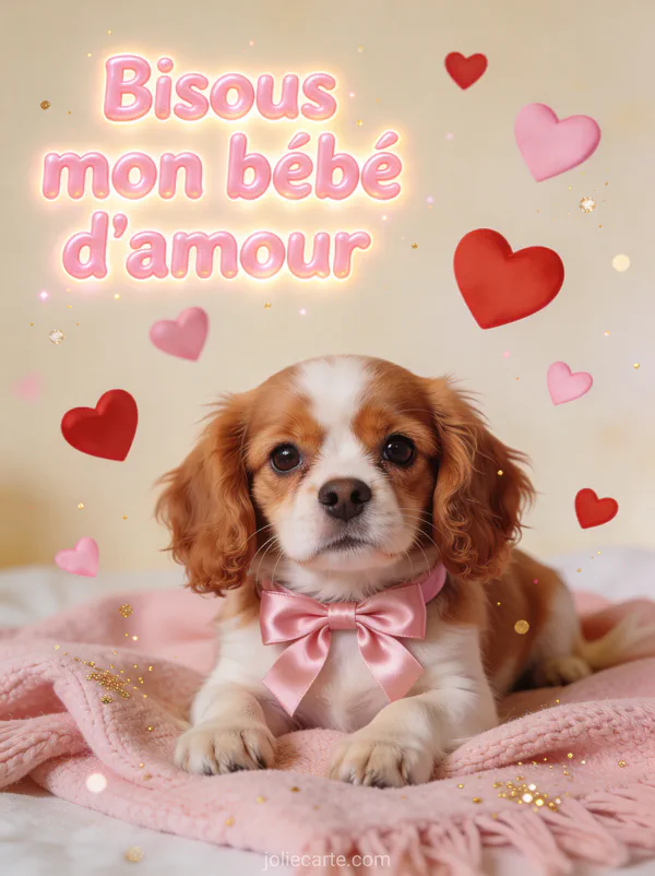 Chiot cavalier king charles au regard tendre sur un plaid rose avec un nœud en satin et des cœurs flottants et le texte Bisous mon bébé d'amour