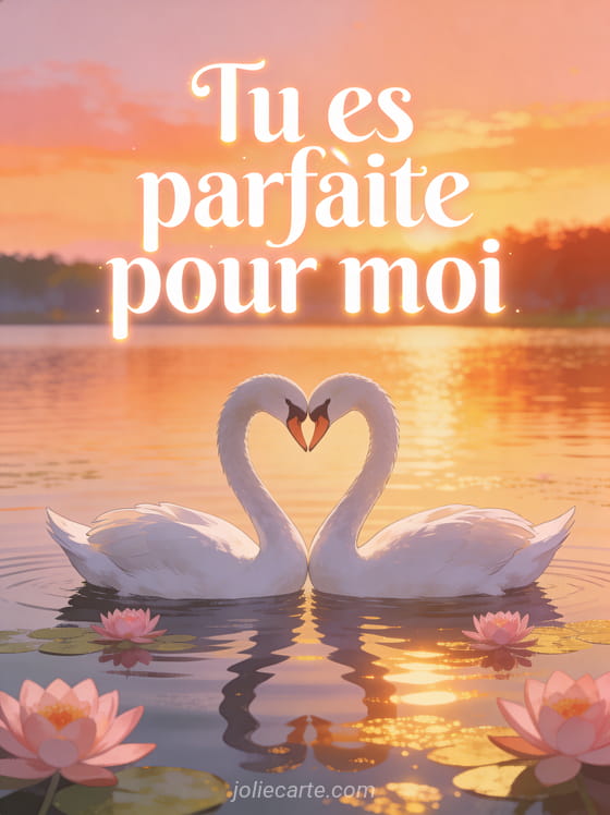 Deux cygnes blancs formant un cœur sur un lac au coucher du soleil avec nénuphars roses et le texte Tu es parfaite pour moi