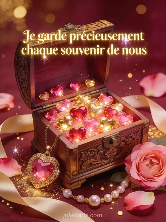 Coffret à bijoux ancien ouvert débordant de petits cœurs lumineux avec médaillon doré et perles et pétales de camélias et le texte Chaque souvenir de nous