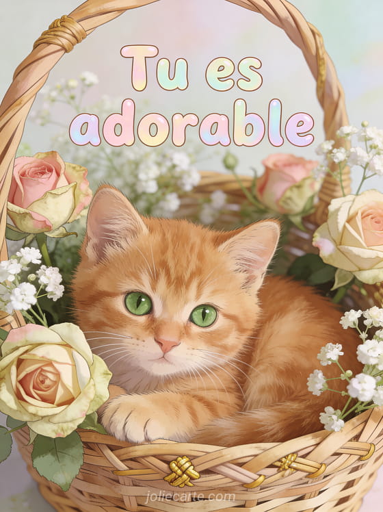 Petit chaton roux blotti dans un panier en osier garni de roses anciennes et de gypsophile avec le texte Tu es adorable