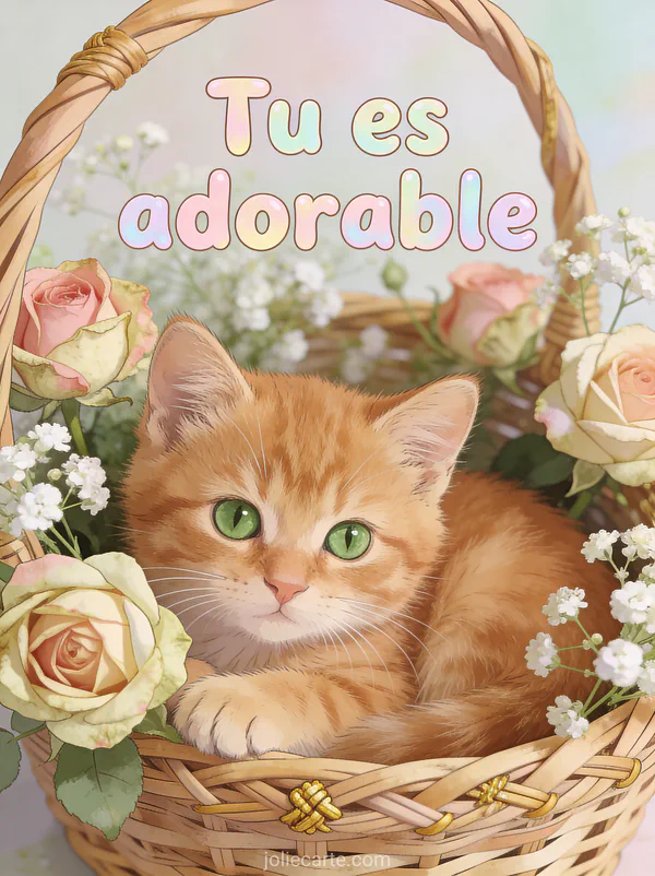 Petit chaton roux blotti dans un panier en osier garni de roses anciennes et de gypsophile avec le texte Tu es adorable
