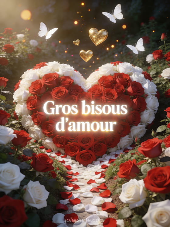 Jardin de roses rouges et blanches en forme de cœur vu de dessus avec un chemin de pétales et des papillons blancs et le texte Gros bisous d'amour
