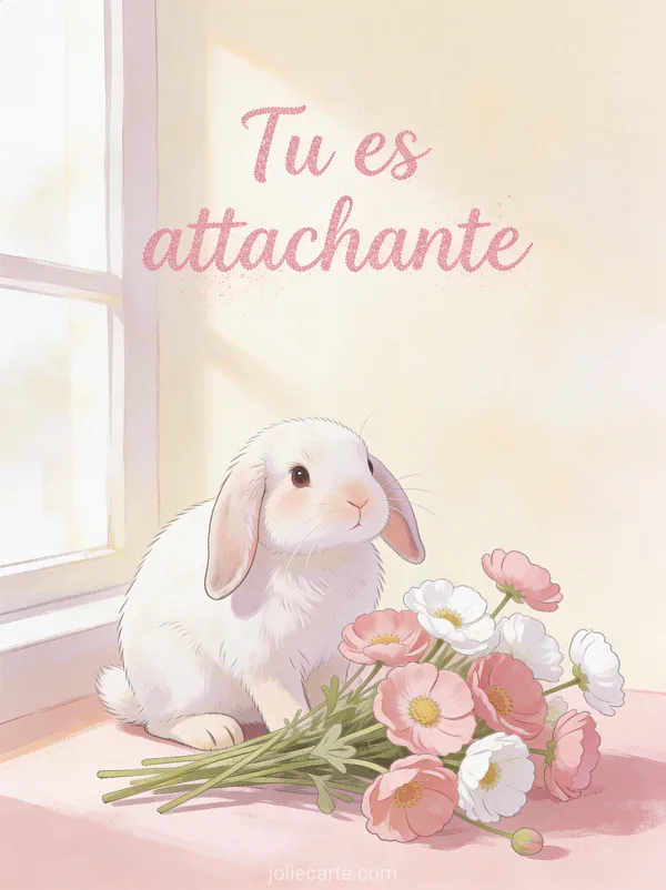 Petit lapin blanc aux oreilles tombantes à côté d'un bouquet de renoncules roses et blanches sur fond crème, texte Tu es attachante
