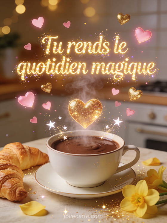 Bol de chocolat chaud fumant formant un cœur de vapeur entouré de petits cœurs lumineux et étoiles scintillantes avec croissants et primevères et le texte Tu rends le quotidien magique
