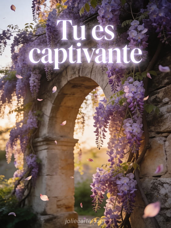 Glycine en cascade aux grappes violettes retombant le long d'une arche en pierre ancienne avec pétales flottants, texte Tu es captivante