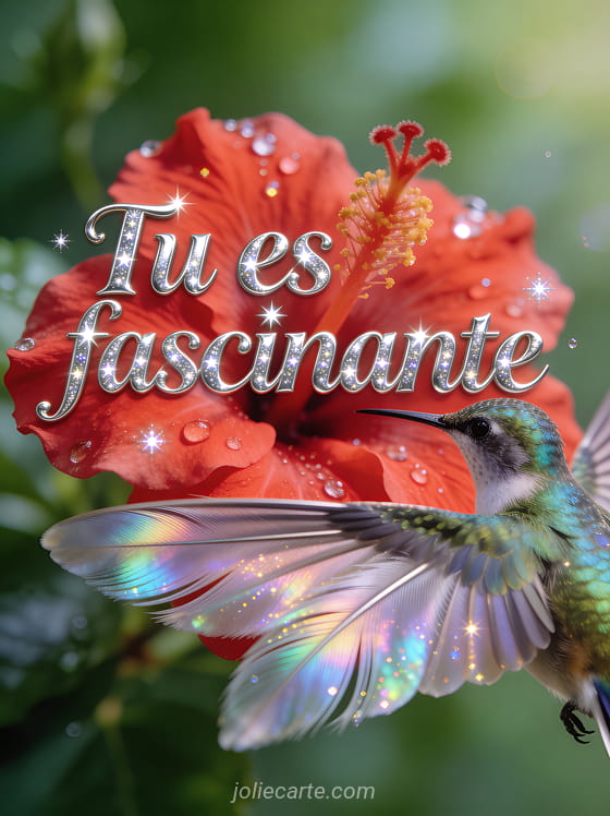 Colibri aux plumes irisées en vol devant un hibiscus rouge vif avec gouttelettes de rosée scintillantes, texte Tu es fascinante