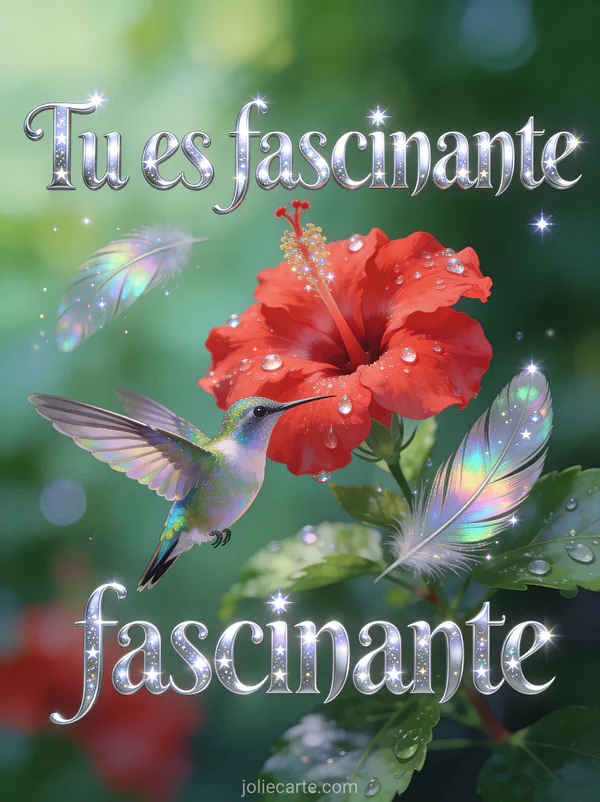 Colibri aux plumes irisées en vol devant un hibiscus rouge vif avec gouttelettes de rosée scintillantes, texte Tu es fascinante