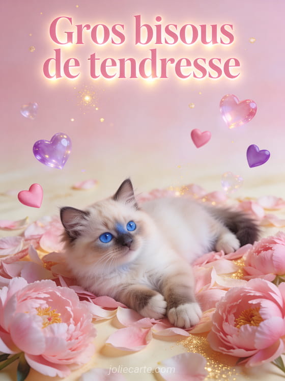 Chaton ragdoll aux yeux bleus sur un lit de pétales de pivoines roses avec des cœurs translucides flottants et le texte Gros bisous de tendresse