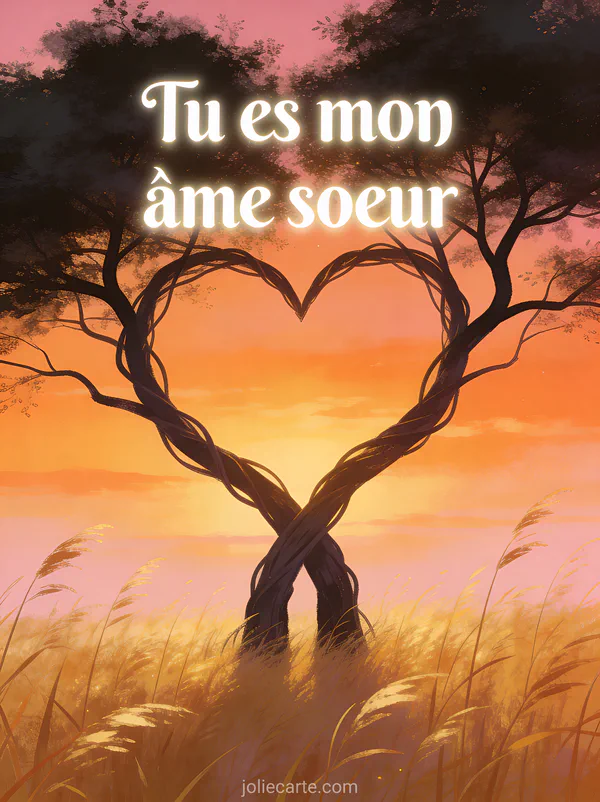 Deux arbres aux branches entrelacées formant un cœur devant un coucher de soleil orangé et rose avec herbe dorée, texte Tu es mon âme sœur