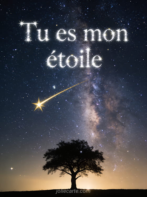 Ciel nocturne étoilé avec étoile filante dorée traversant le firmament et voie lactée visible, texte Tu es mon étoile