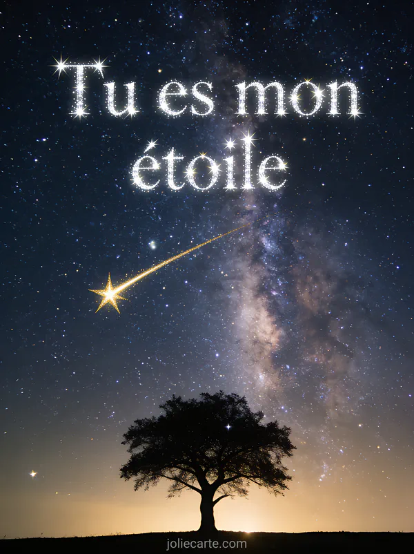 Ciel nocturne étoilé avec étoile filante dorée traversant le firmament et voie lactée visible, texte Tu es mon étoile
