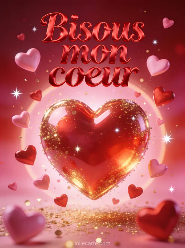 Grand cœur rouge 3D lumineux entouré de dizaines de petits cœurs en lévitation avec des particules d'or et des étoiles et le texte Bisous mon cœur