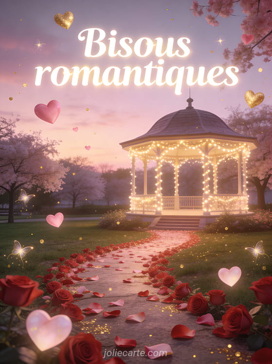 Sentier de pétales de roses menant à un kiosque illuminé dans un parc au crépuscule avec des cœurs flottants et des lucioles et le texte Bisous romantiques