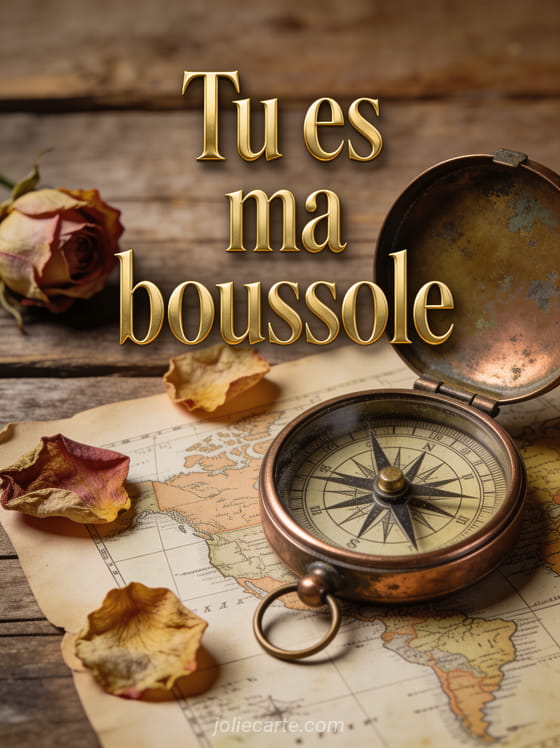 Boussole antique en cuivre ouverte posée sur une carte ancienne avec pétales de rose séchés, texte Tu es ma boussole