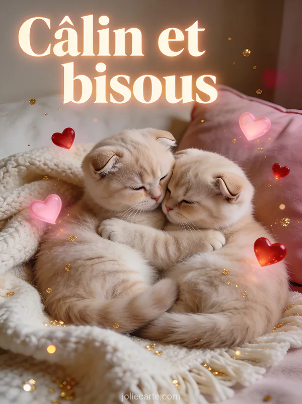 Deux chatons scottish fold crème se faisant un câlin sur un plaid avec des cœurs lumineux et des particules dorées et le texte Câlin et bisous