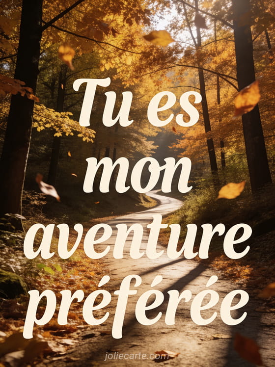 Chemin sinueux à travers une forêt d'automne aux feuilles dorées et cuivrées avec lumière rasante, texte Tu es mon aventure préférée