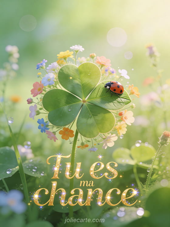 Trèfle à quatre feuilles entouré de fleurs des champs colorées avec coccinelle et rosée du matin, texte Tu es ma chance