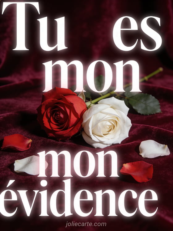 Deux roses enlacées, une rouge et une blanche, sur fond de velours bordeaux avec pétales tombés, texte Tu es mon évidence